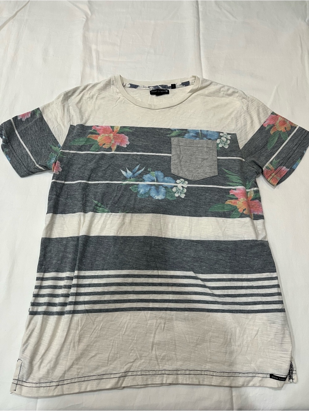 Ocean Current Men's Floral Stripe Pocket Tee - Gray, White, Blue, Pink, Green